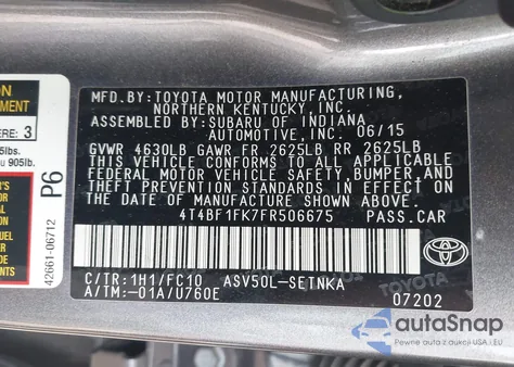 2015 Toyota Camry Le from USA, damaged, VIN 4T4BF1FK7FR506675